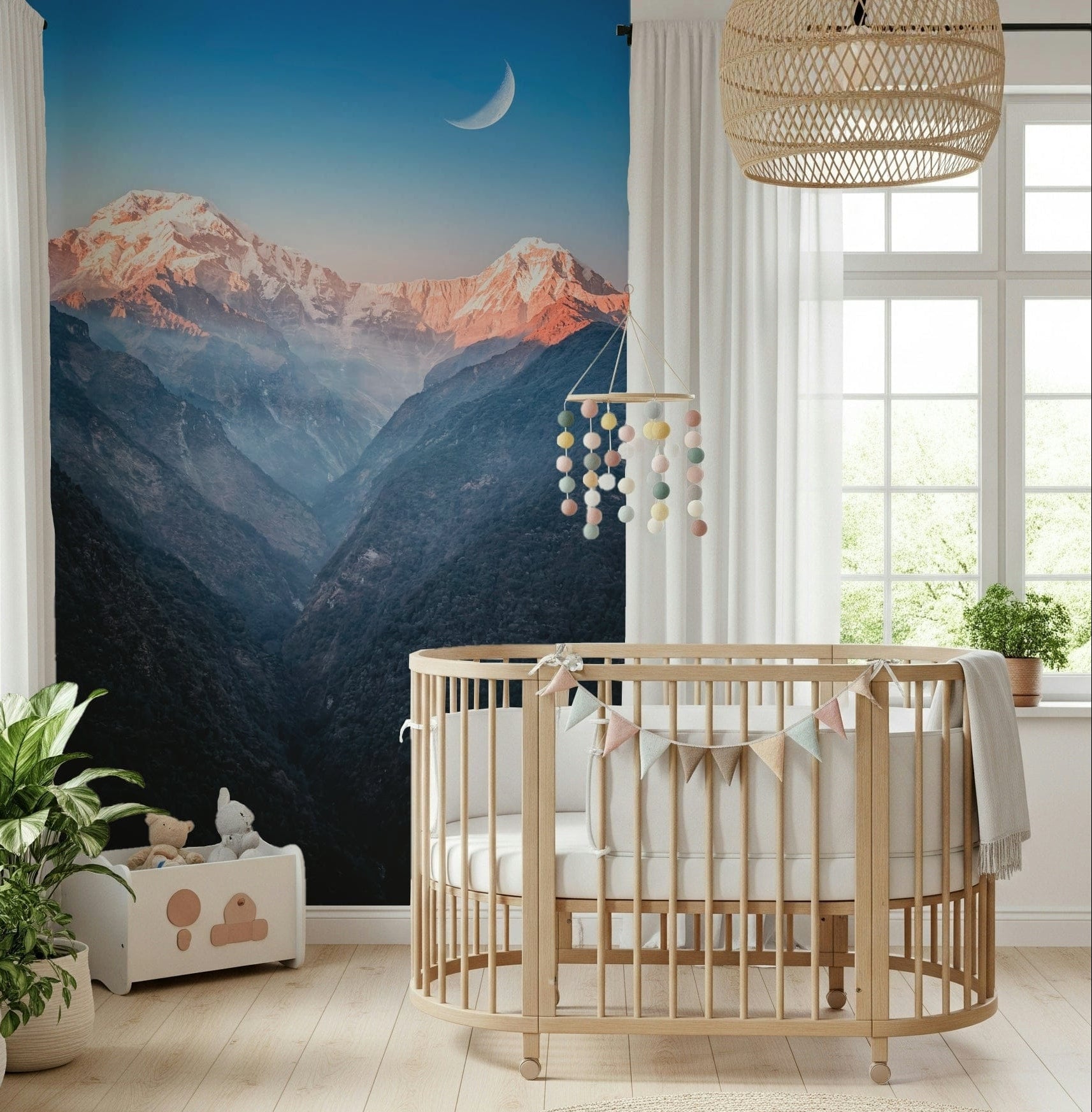 A calm nursery styled with Mystic Peaks at Dusk Wall Mural and moonlit mountain tones, GD7956