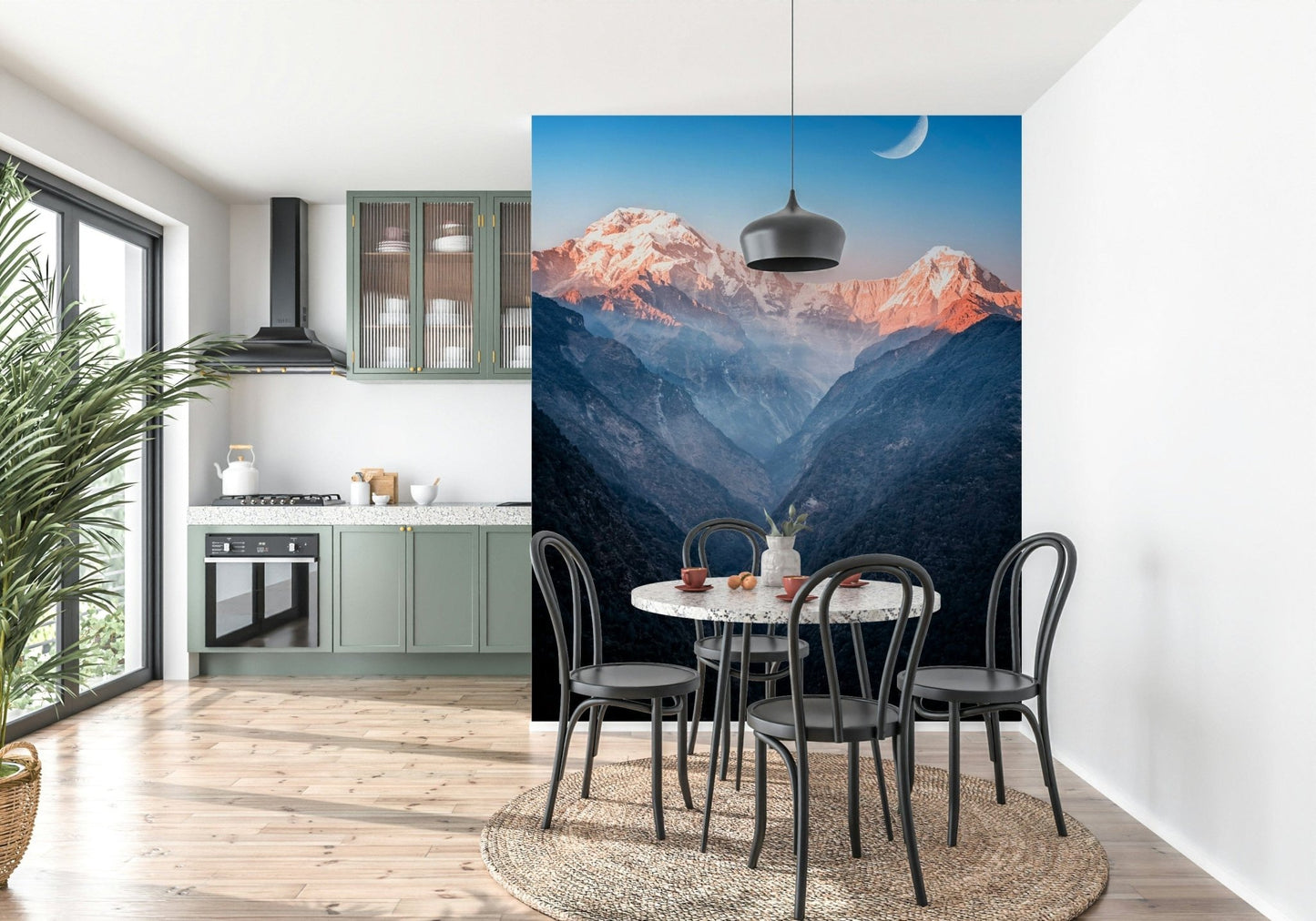 Mystic Peaks at Dusk Wall Mural creates a peaceful mountain view for this open dining space