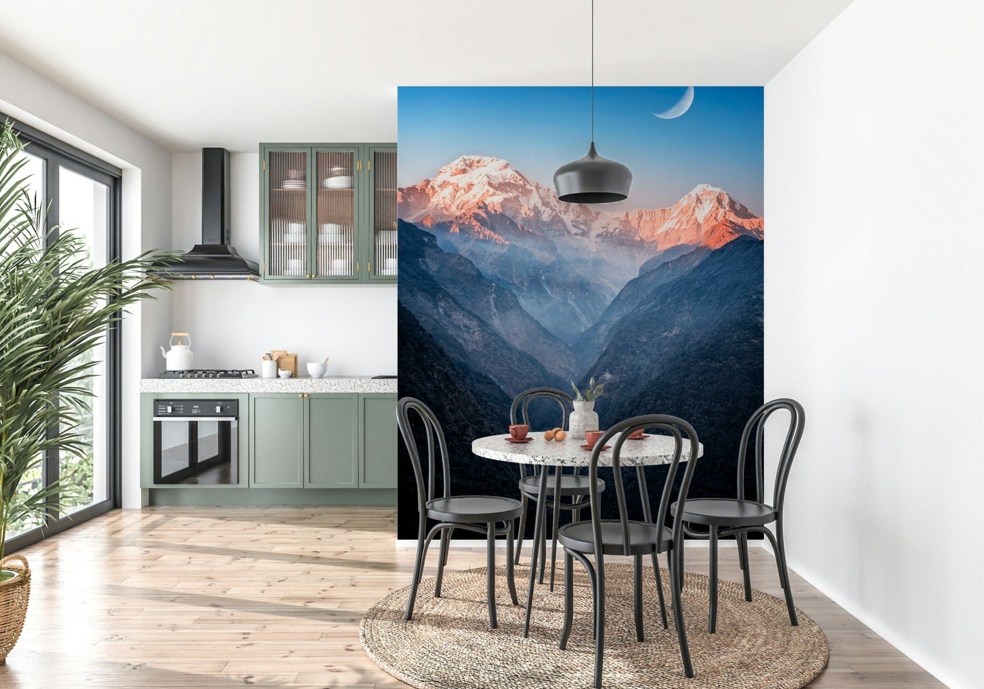 Mystic Peaks at Dusk Wall Mural creates a peaceful mountain view for this open dining space