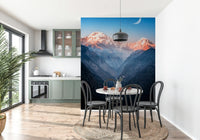 Mystic Peaks at Dusk Wall Mural creates a peaceful mountain view for this open dining space