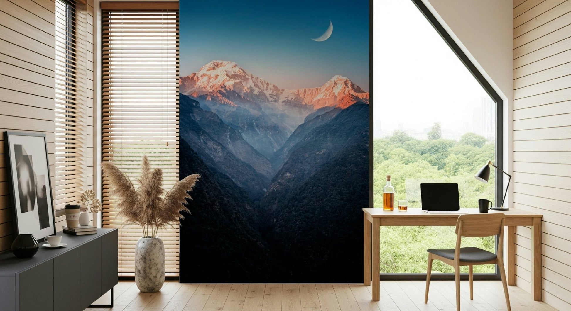 The lounge feels calmer with Mystic Peaks at Dusk Wall Mural and layered mountain shadows