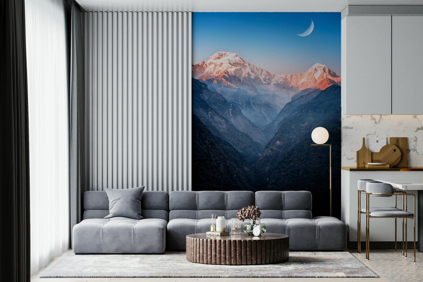 In this sitting room, Mystic Peaks at Dusk Wall Mural adds soft valley depth and dusk light