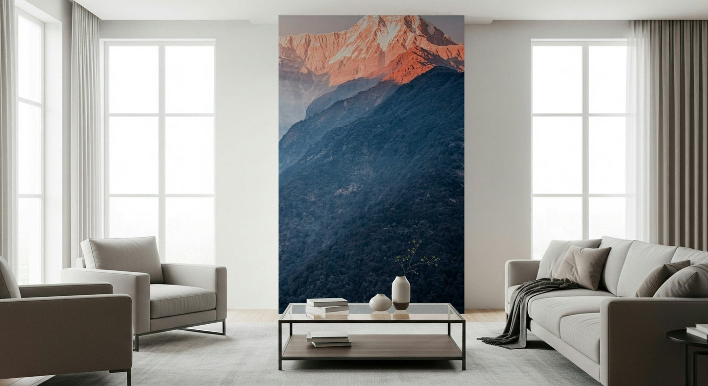 Close-up living room view featuring Mystic Peaks at Dusk Wall Mural and crescent moon sky