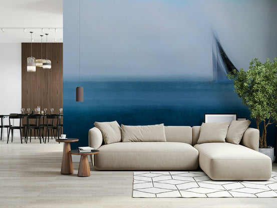 A beautiful abstract sailboat wallpaper mural with subtle, misty textures., GD5886