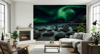 A peaceful modern abstract mural on decorative wallpaper.