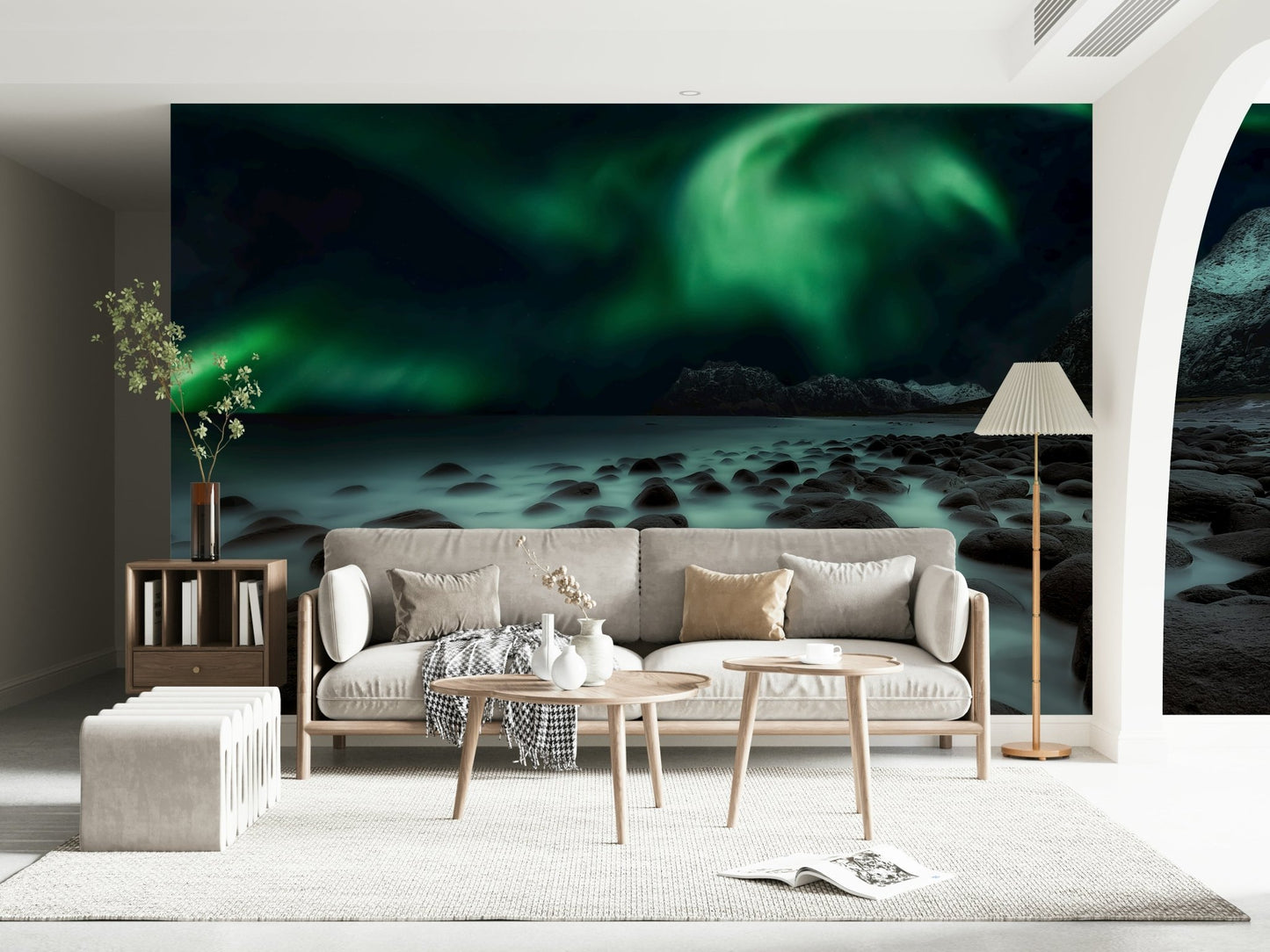 A beautiful abstract coastal wallpaper mural with soft, mystic lights over the water.