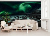 An artistic fluid pattern mural on minimalist wallpaper.