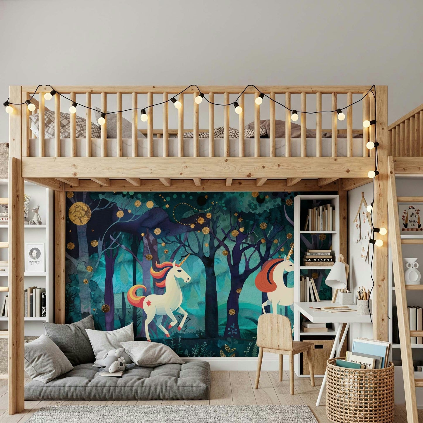 Mystic Unicorns Wall Mural behind a white wooden crib