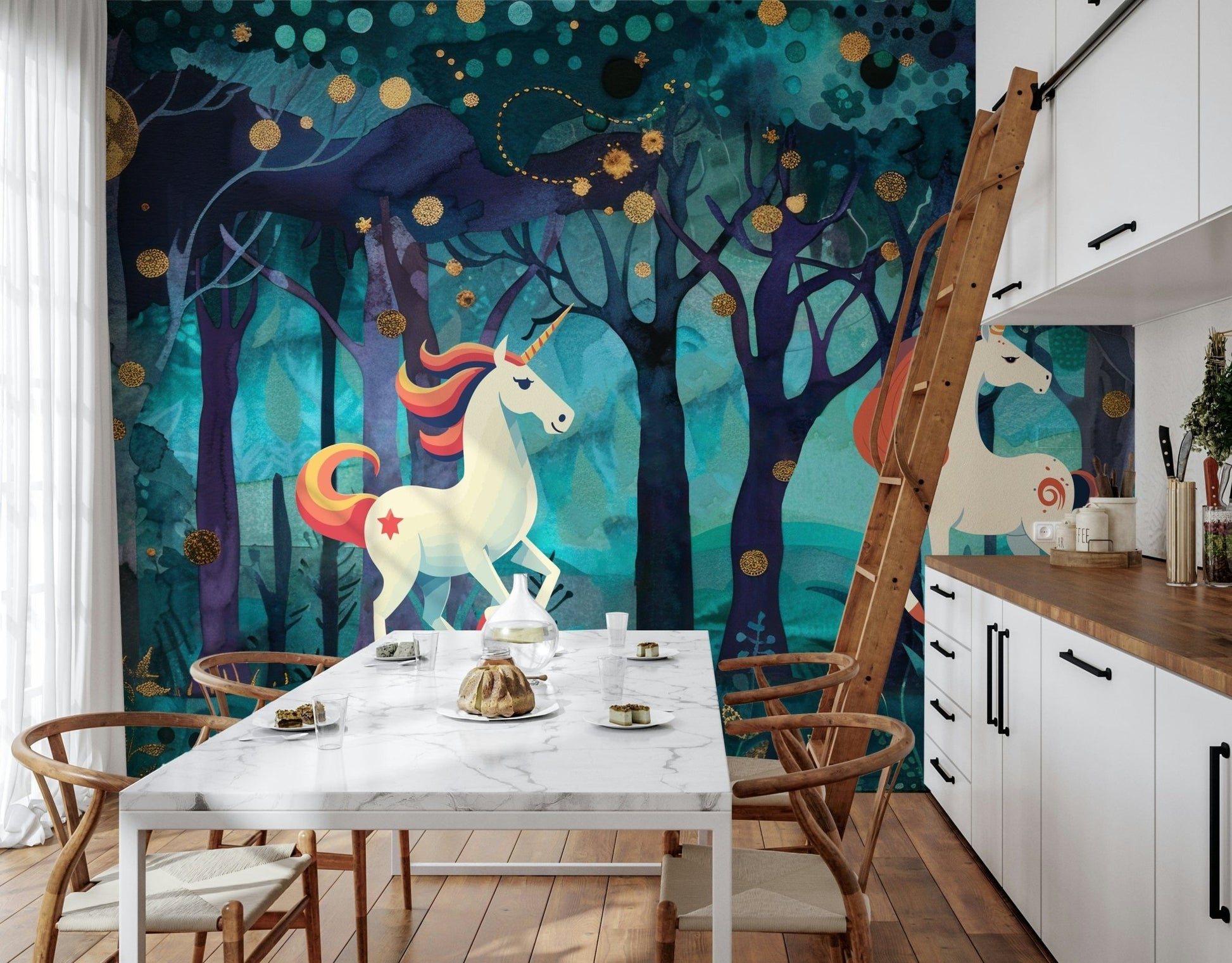 Enchanted forest wallpaper with unicorns for a nursery feature wall