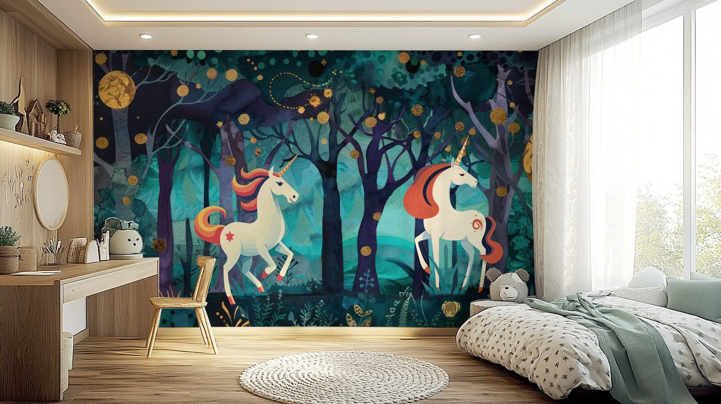 Mystic Unicorns Wall Mural installed in a cozy reading corner