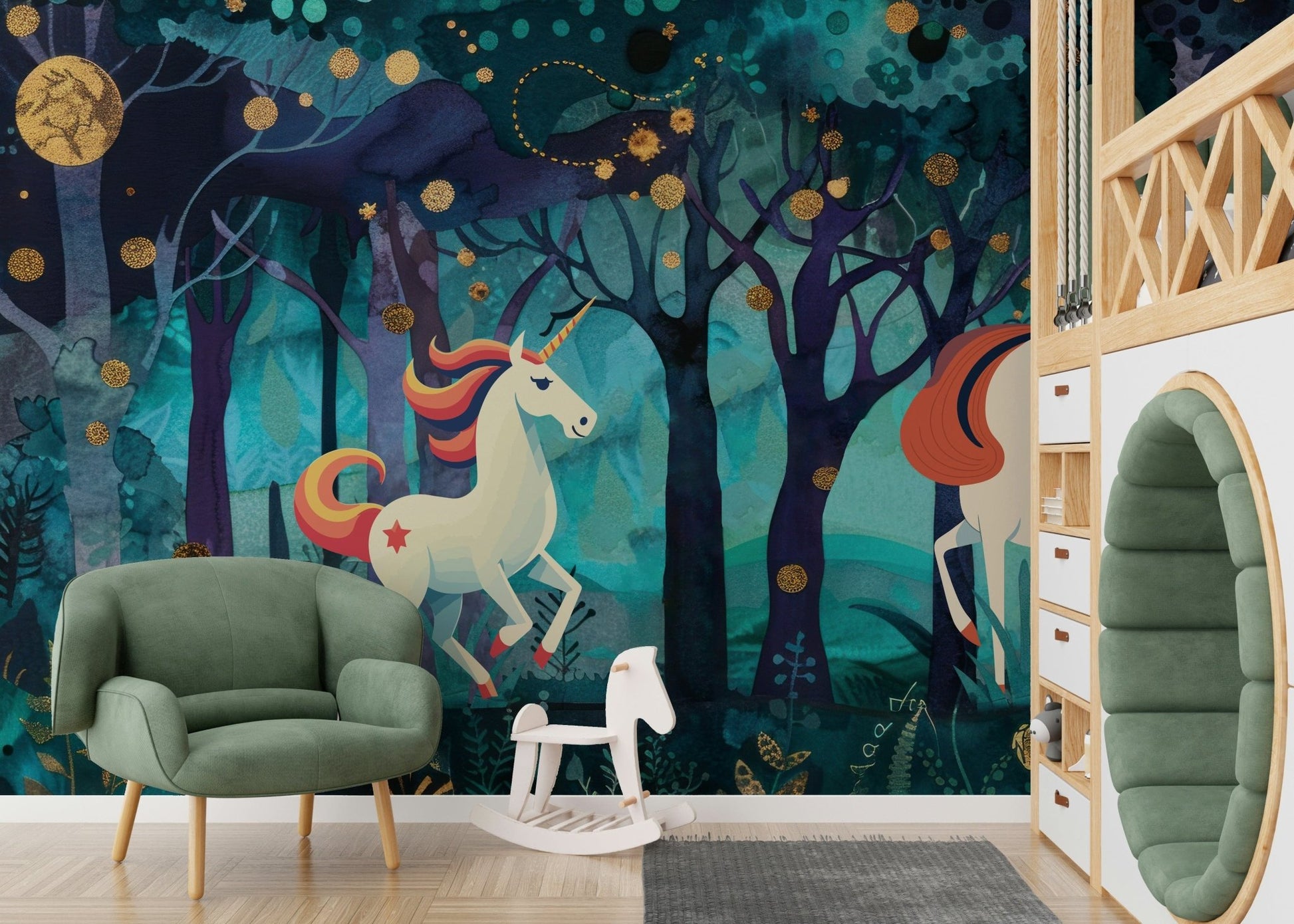 Mystic Unicorns Wall Mural highlighting shimmering artistic details