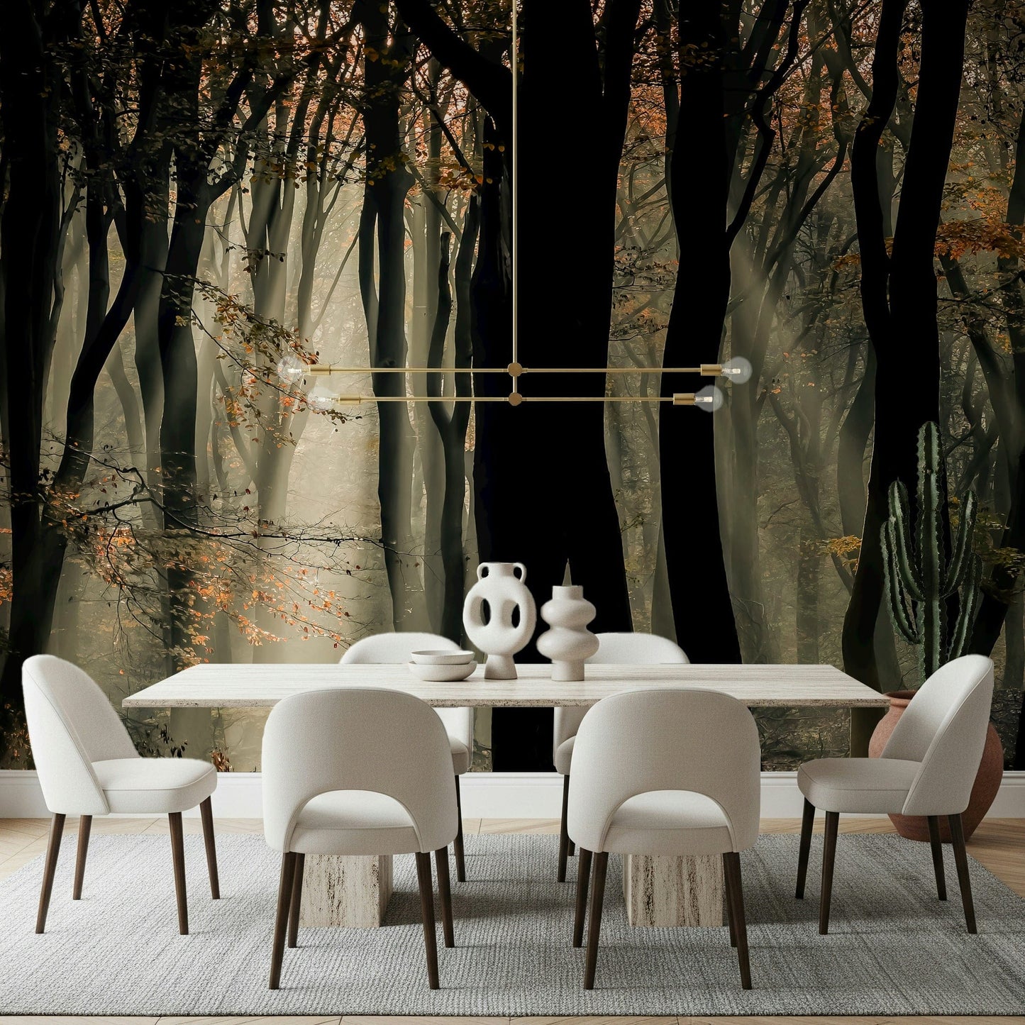 Deep forest wallpaper, golden light beams, mysterious sylvan setting.