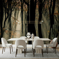 Deep forest wallpaper, golden light beams, mysterious sylvan setting.