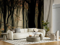 Enchanting Mystic Woods photo, vertical tree trunks, atmospheric wall mural.