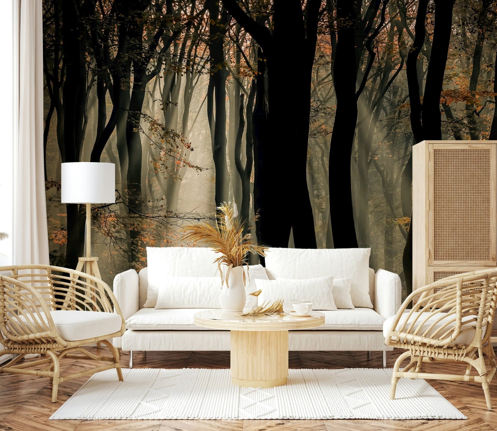 Woodland sunbeams mural, dark silhouette trees, atmospheric wall decoration.