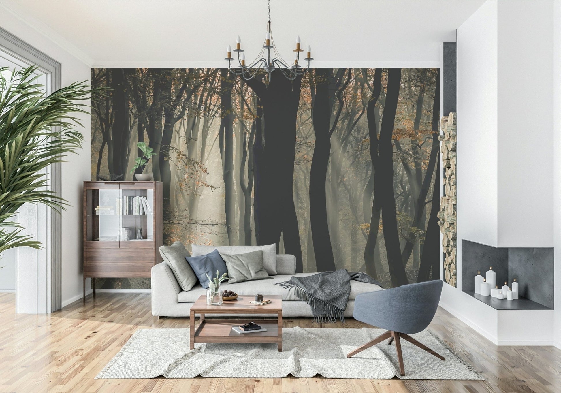 Ethereal forest wallpaper, sunlit fog, dense dramatic woodland scene.