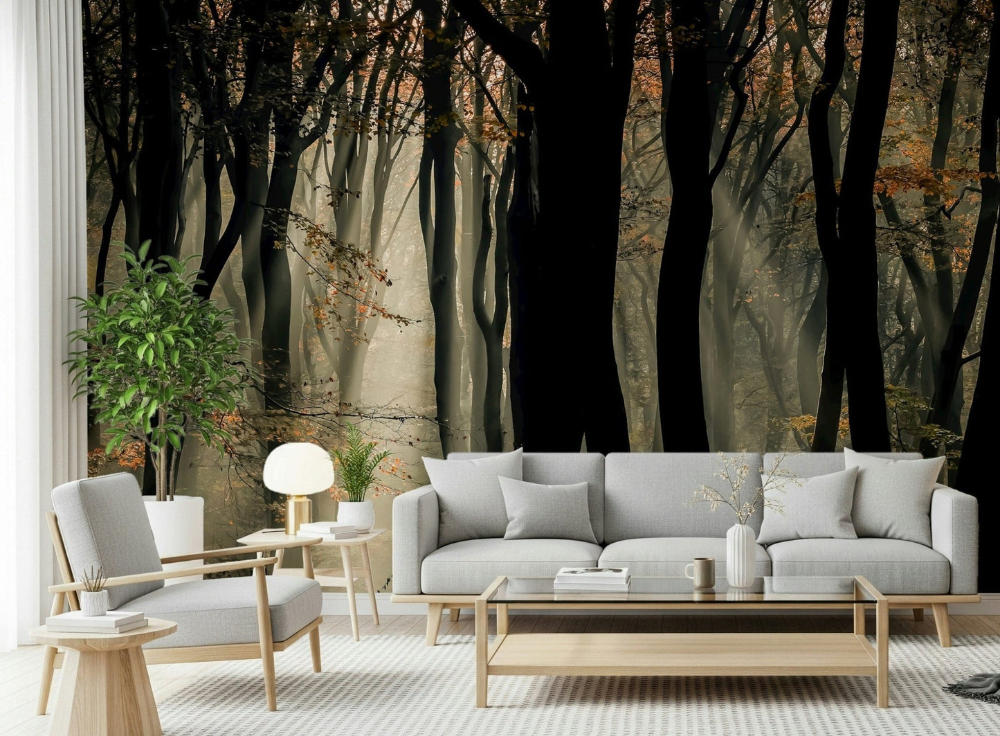 Dramatic Mystic Woods scene, autumnal accents, captivating nature mural.