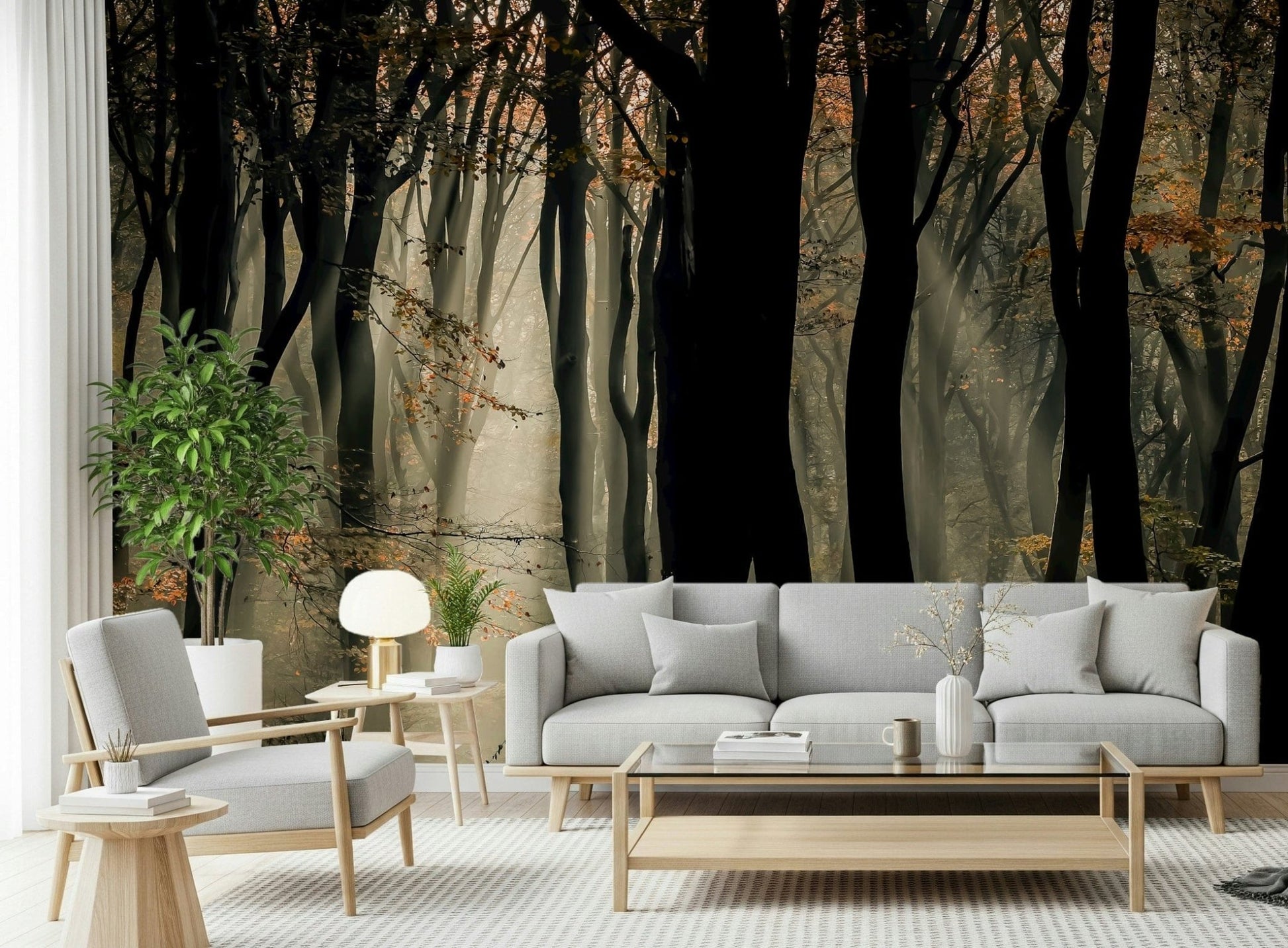 Dramatic Mystic Woods scene, autumnal accents, captivating nature mural.