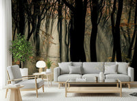Dramatic Mystic Woods scene, autumnal accents, captivating nature mural.