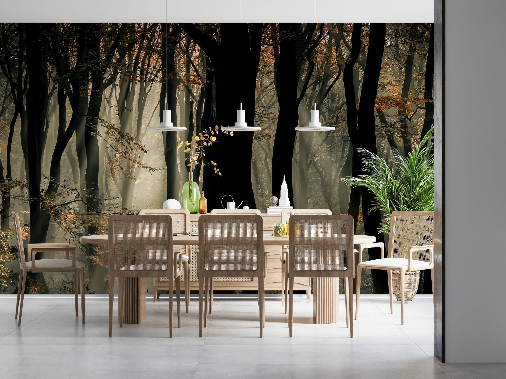 Mystic Woods mural, light rays filtering through dark forest trees.