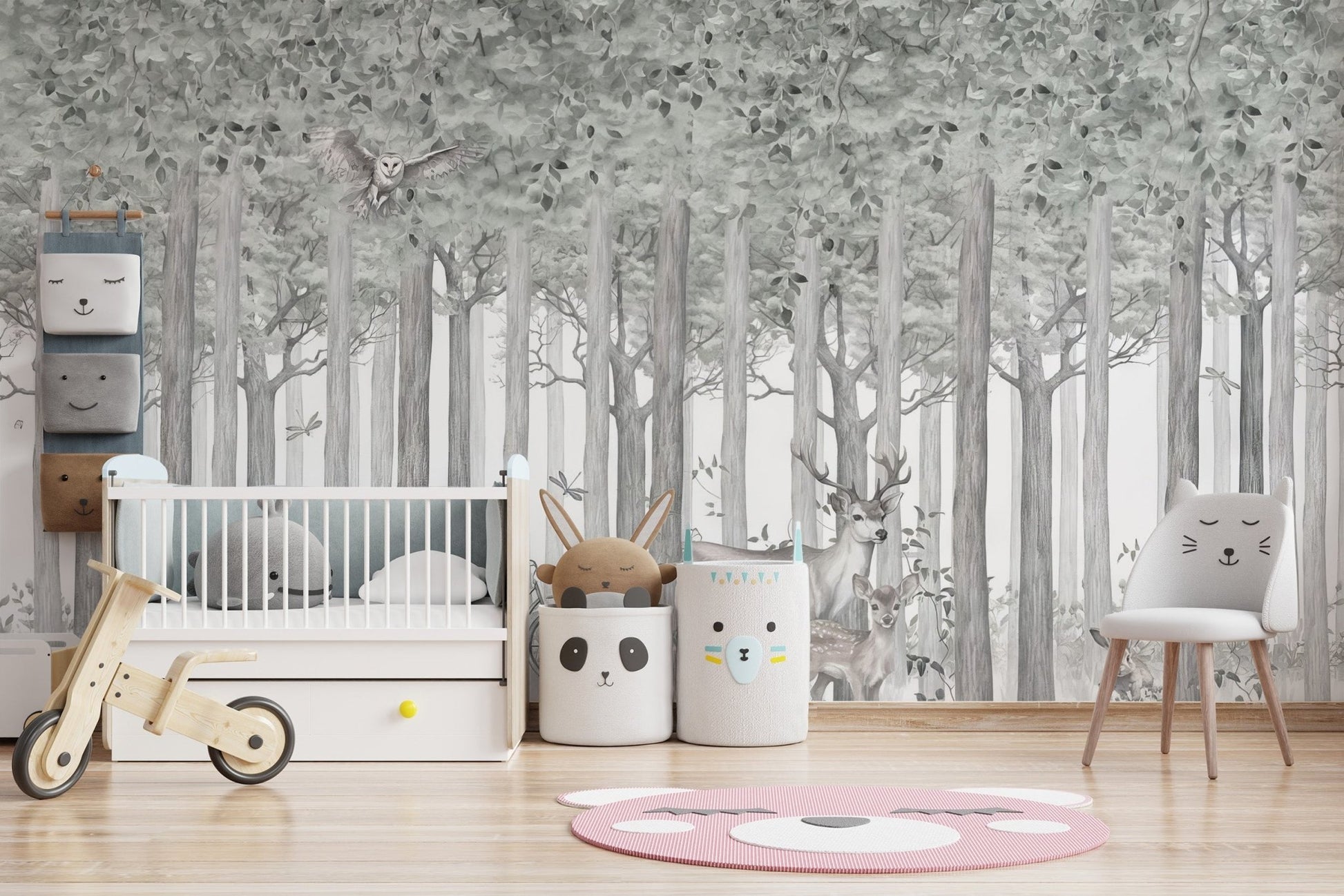 Deer and owl mural for nursery decor, C322