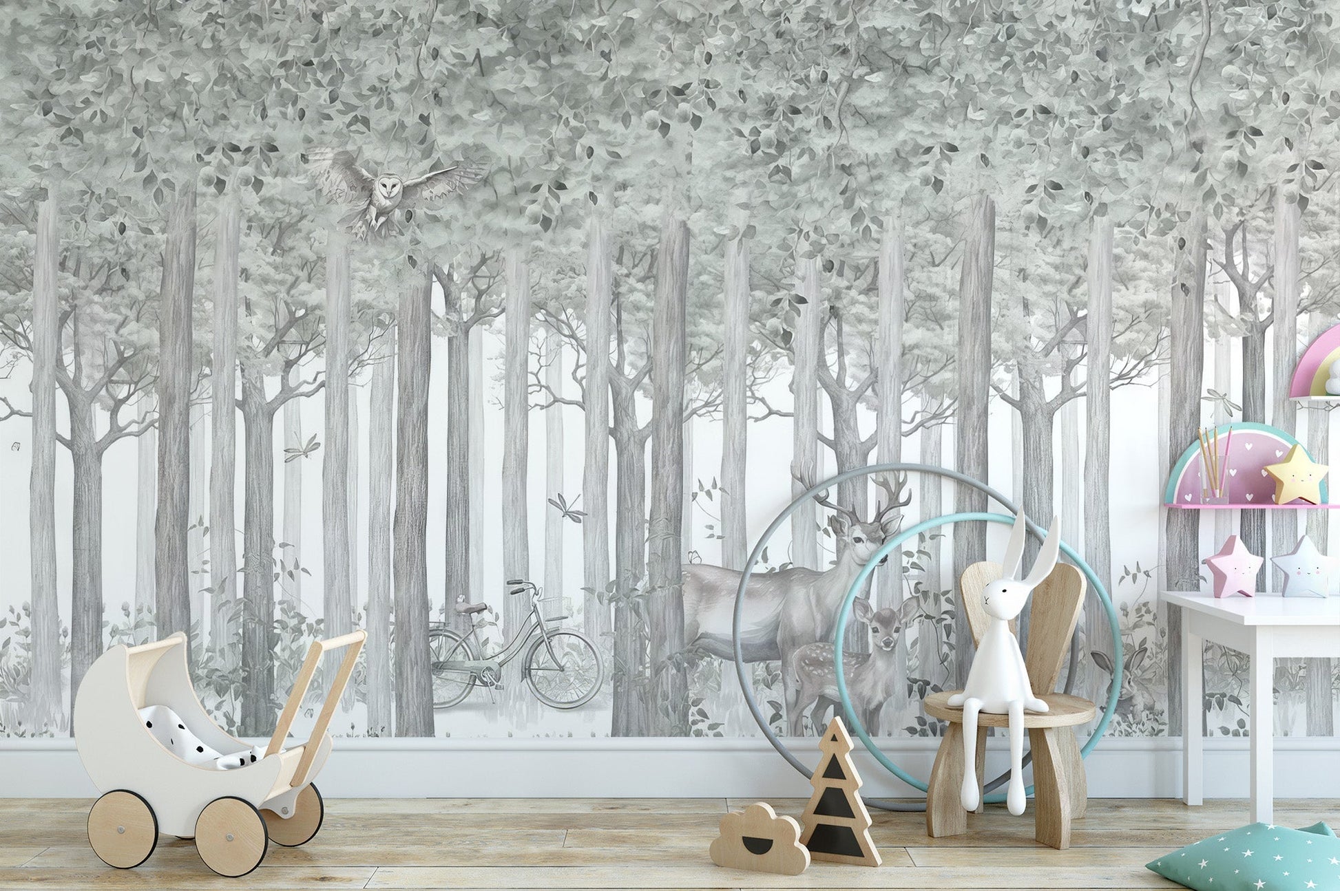 Calming woodland mural for kids' rooms, C322