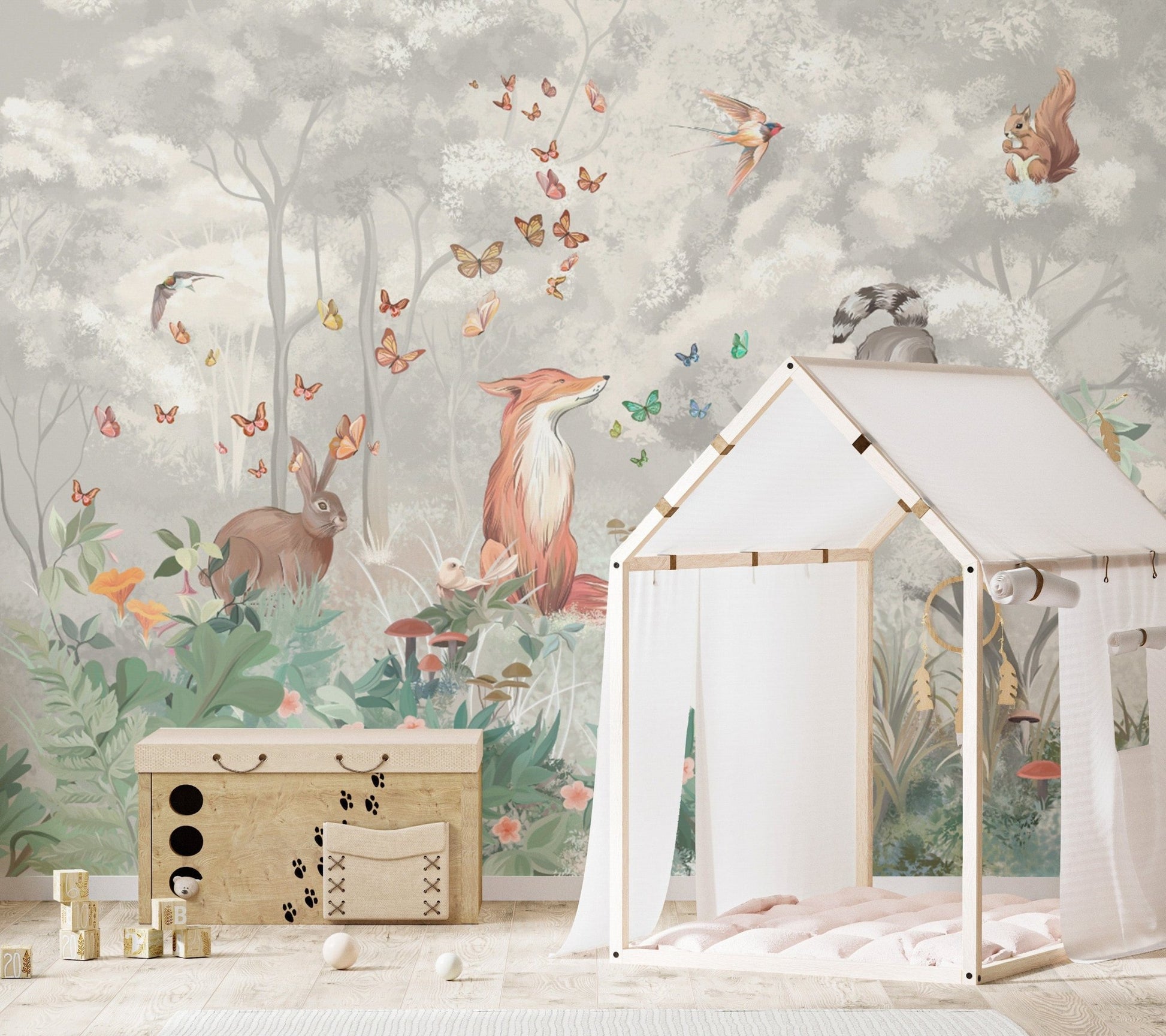 Soft-Tone Woodland Nursery Wall Mural
