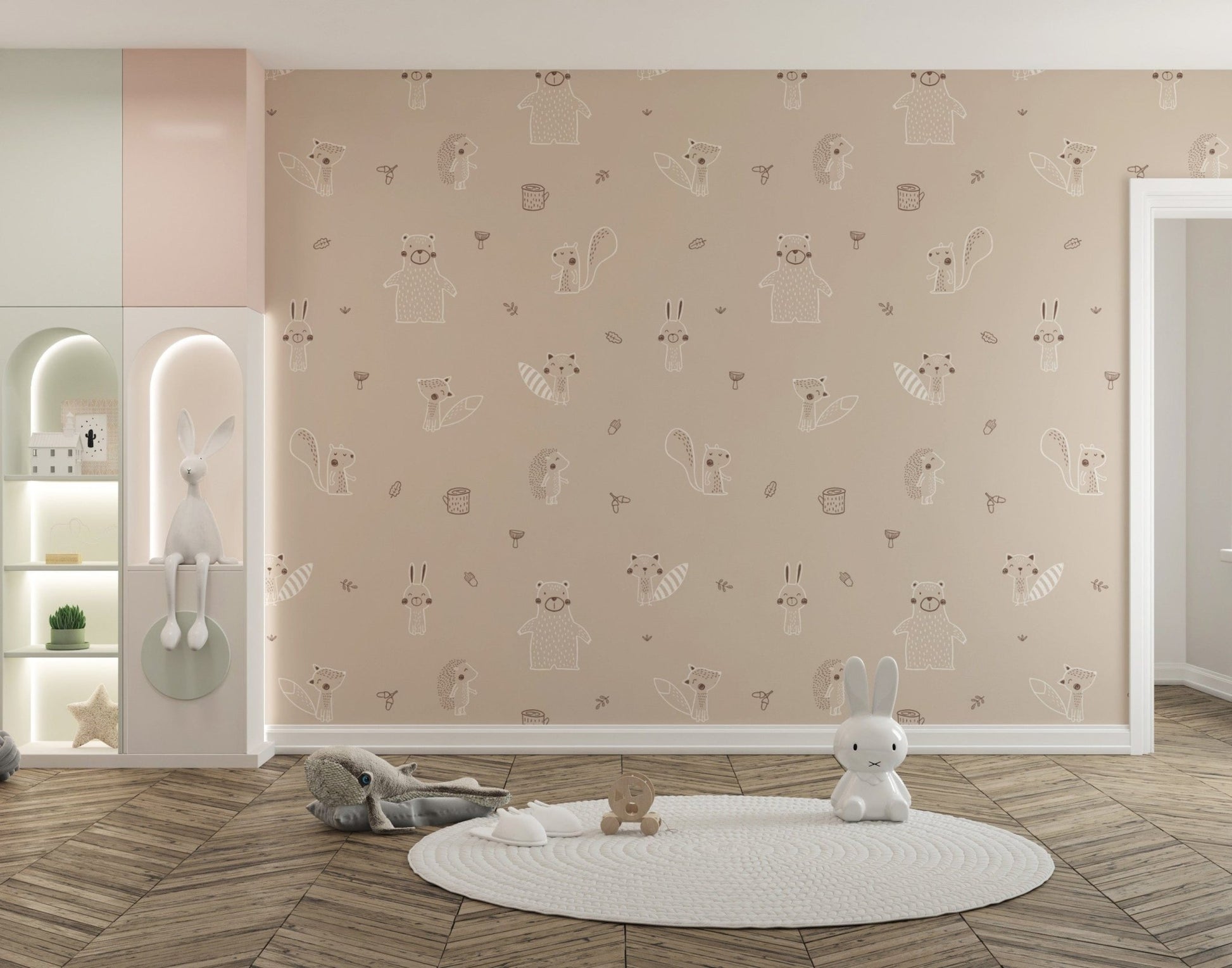 Beige baby forest friends wallpaper design
