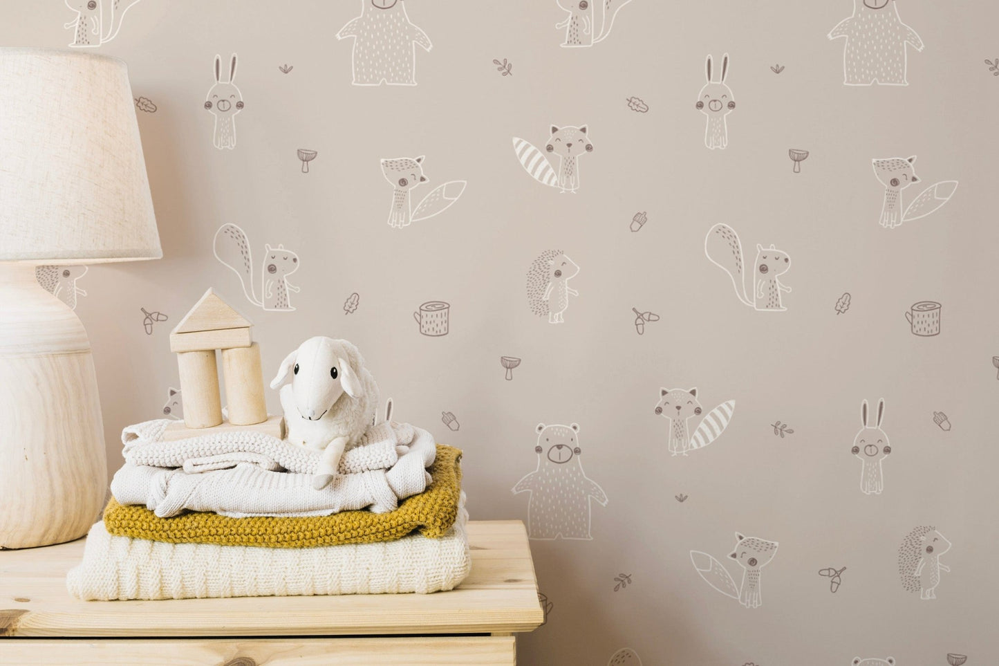 Beige forest friends wall mural for interiors
