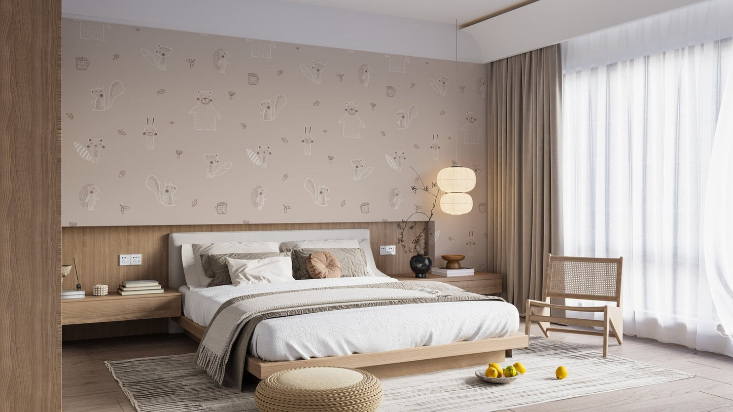 Neutral forest animals wallpaper for nursery
