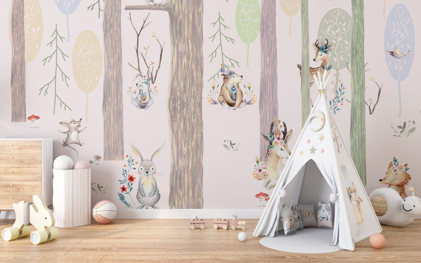 Powder Pink Woodland Wallpaper with Fairy Tale Vibes