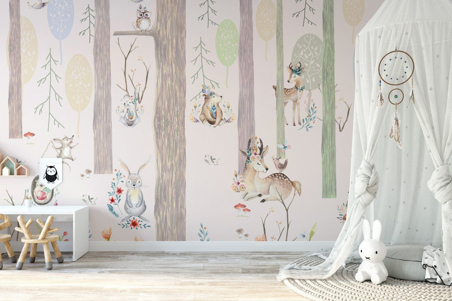 Mystical Forest Wallpaper with Armadillo and Owl Details