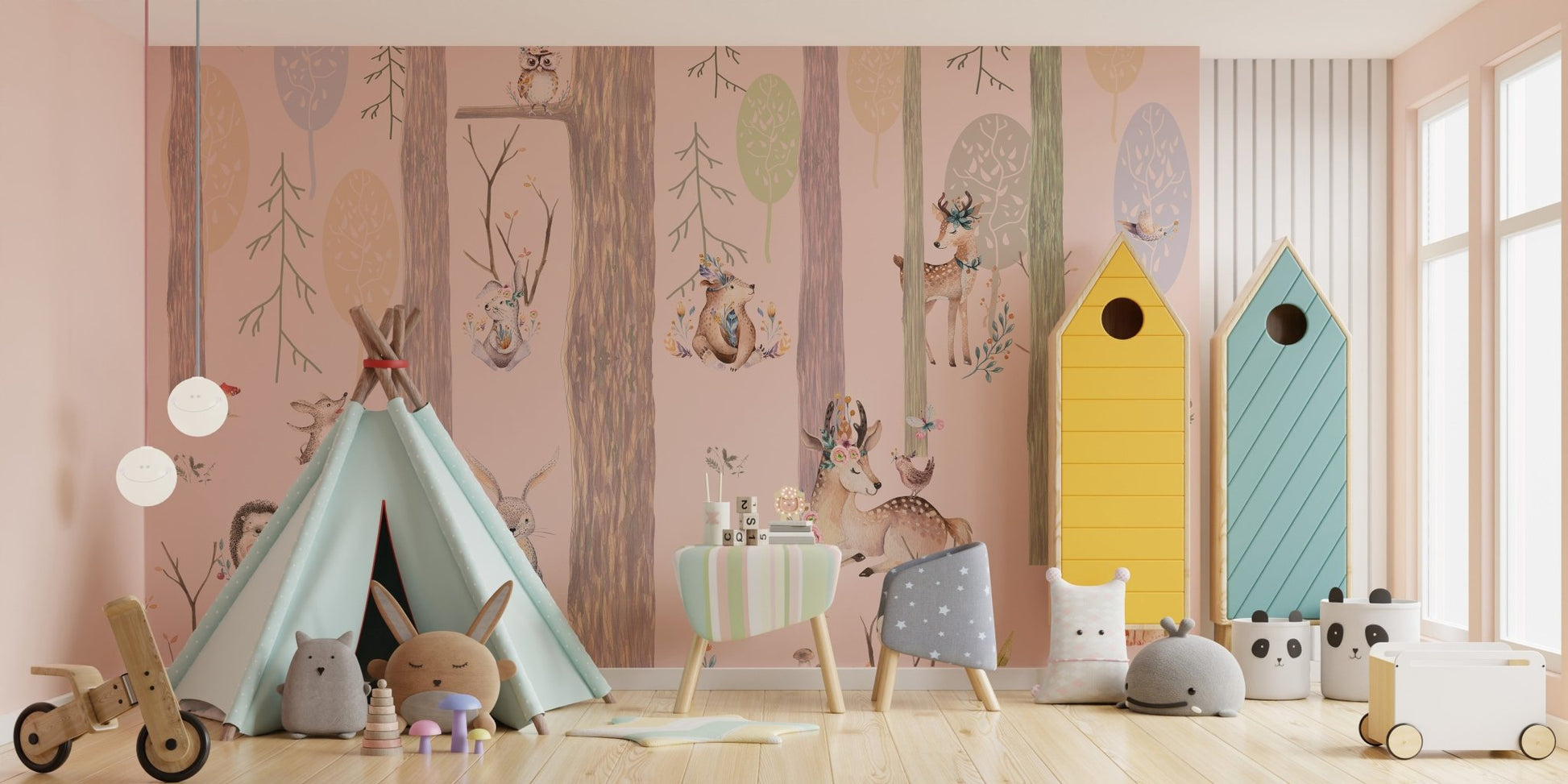 Doodled Trees and Animals Wallpaper for Playroom Walls