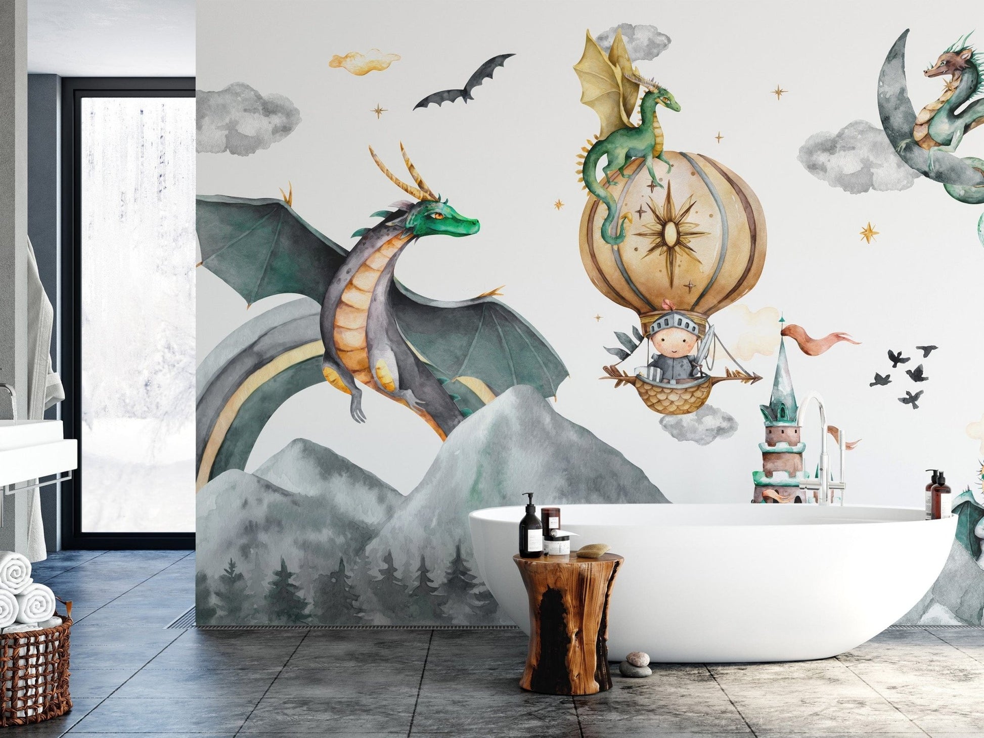 Dragon flying over foggy mountains
