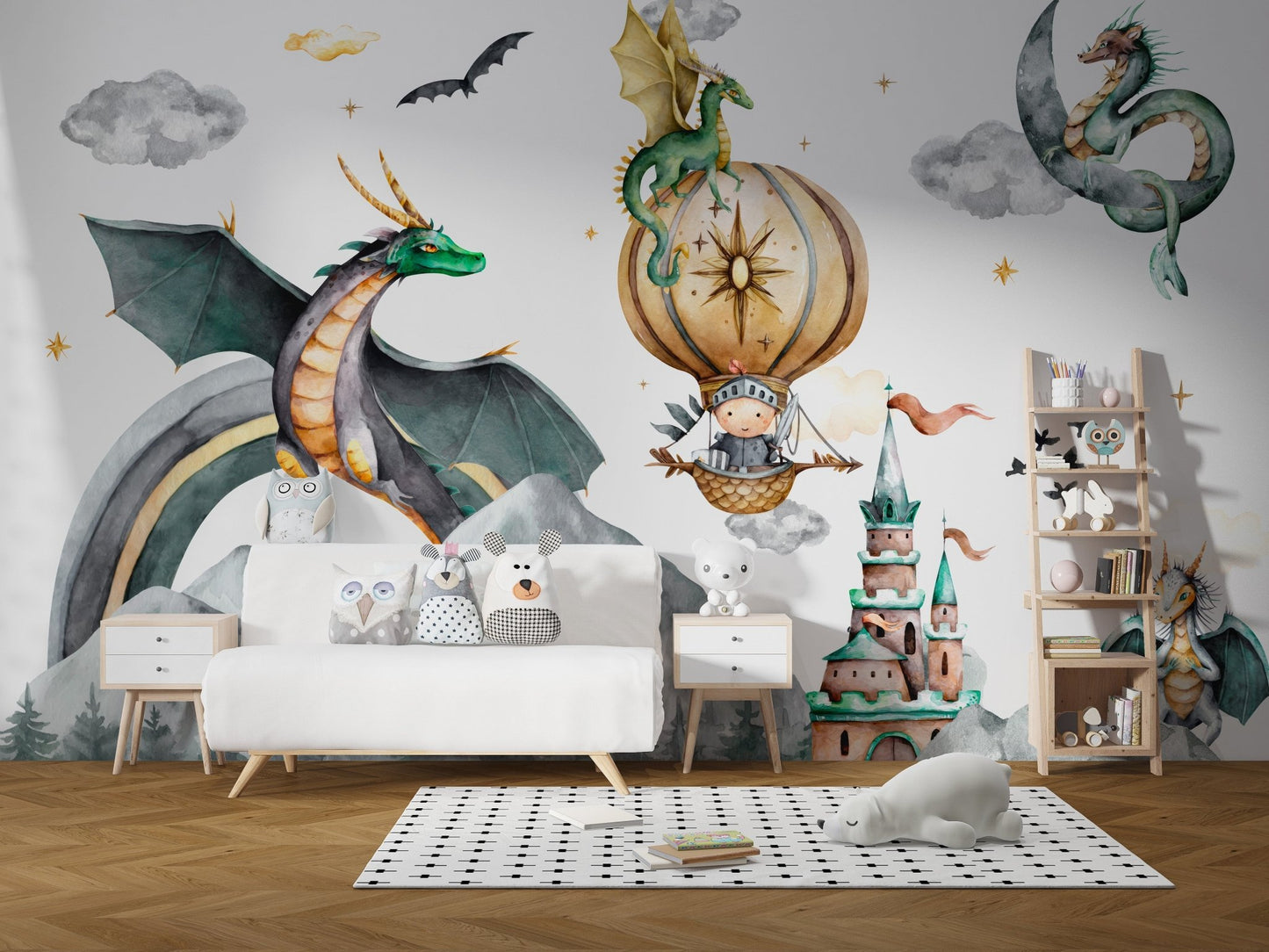 Dragon mural with misty mountain view

