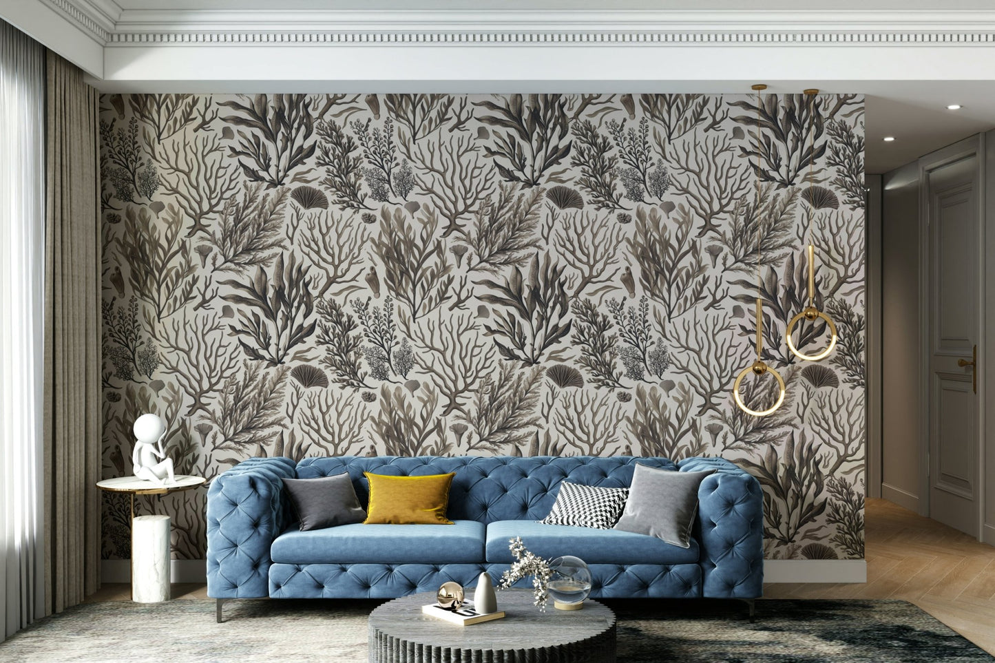 Monochrome beige mural wallpaper with sea plants


