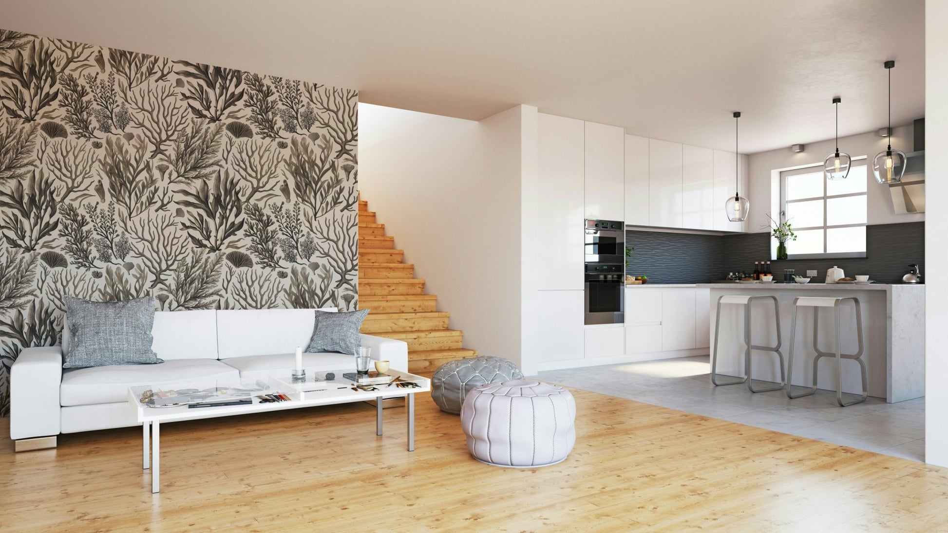 Marine garden wall mural in neutral shades

