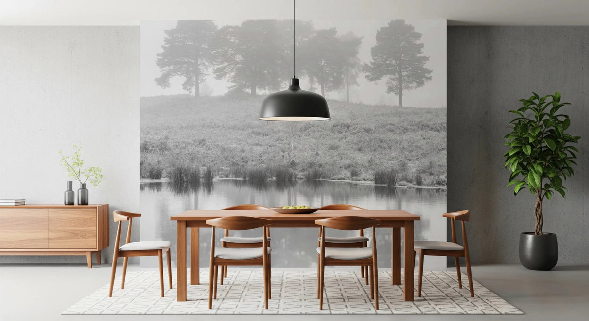 Dining room with Mystical Reflections wall mural and misty lakeside trees, GD8840