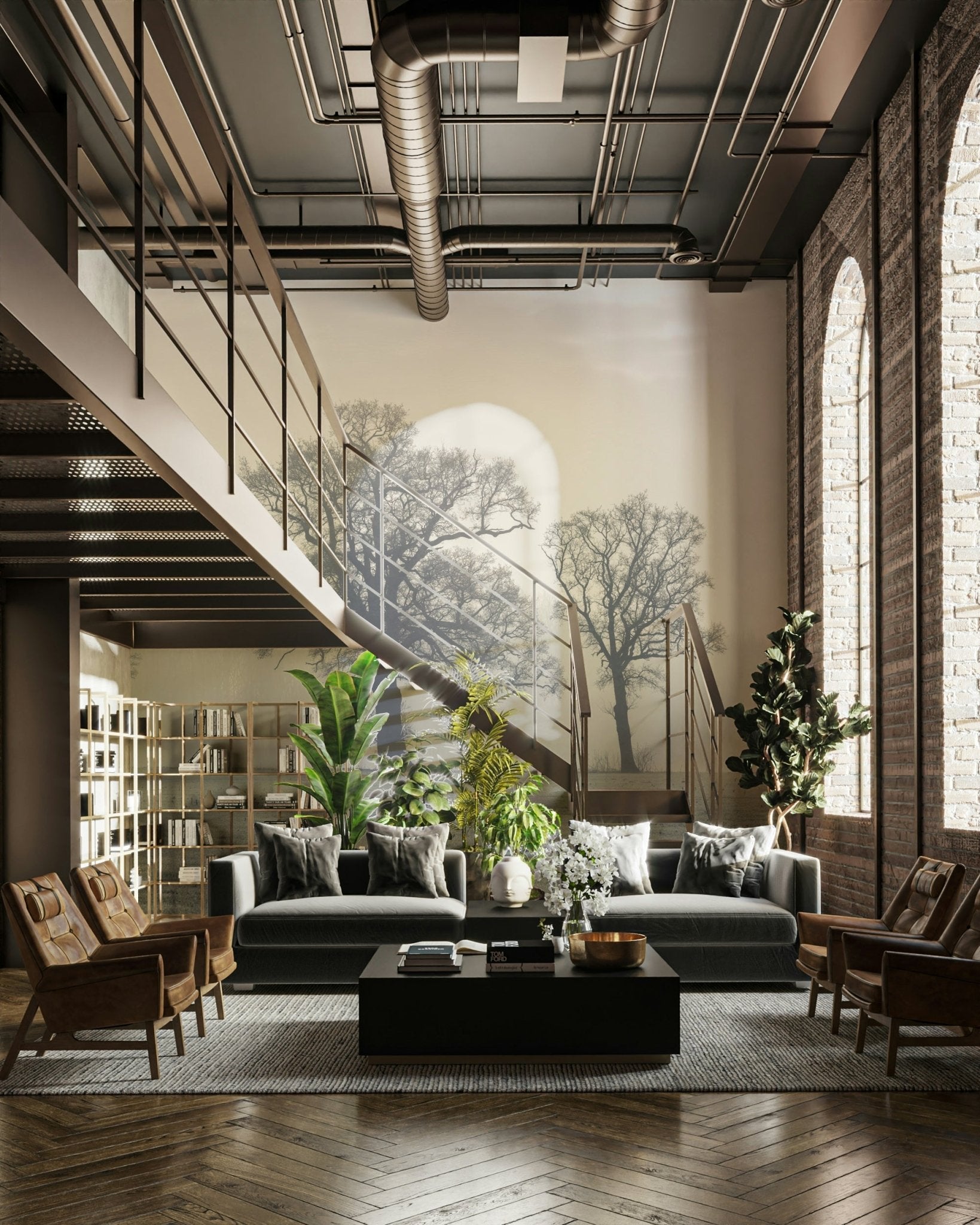 Mystical woodland mural with tall, shadowy trees.

