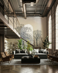 Mystical woodland mural with tall, shadowy trees.

