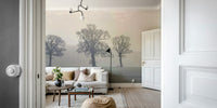 Wall mural of mystical trees in a fog-covered forest.

