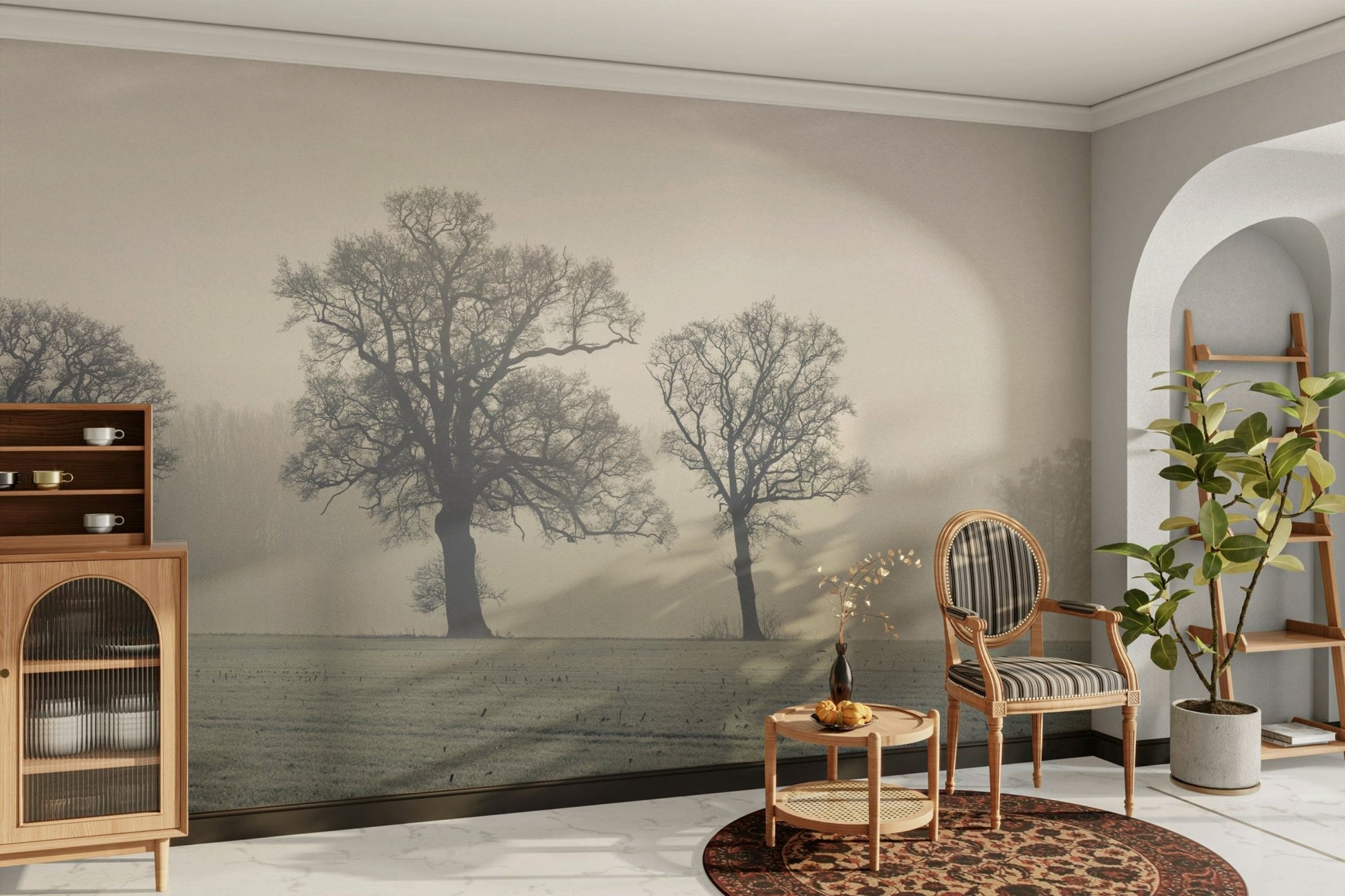 Enchanted forest wall mural with misty woods.

