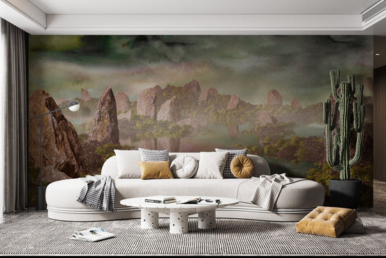 Dramatic Chinese landscape green wallpaper for a serene decor. DTIL03