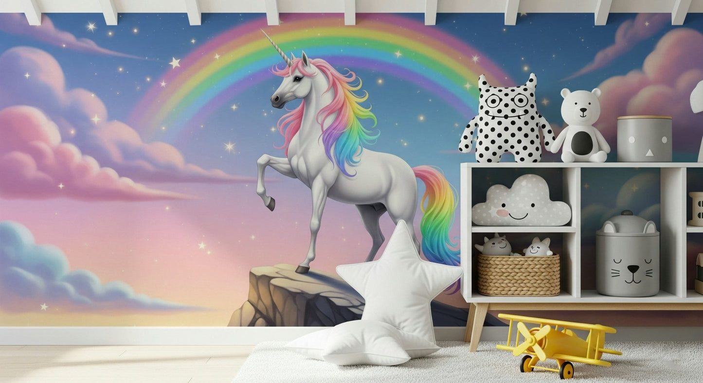 Mystical heights wall mural featuring towering mountain peaks and clouds.