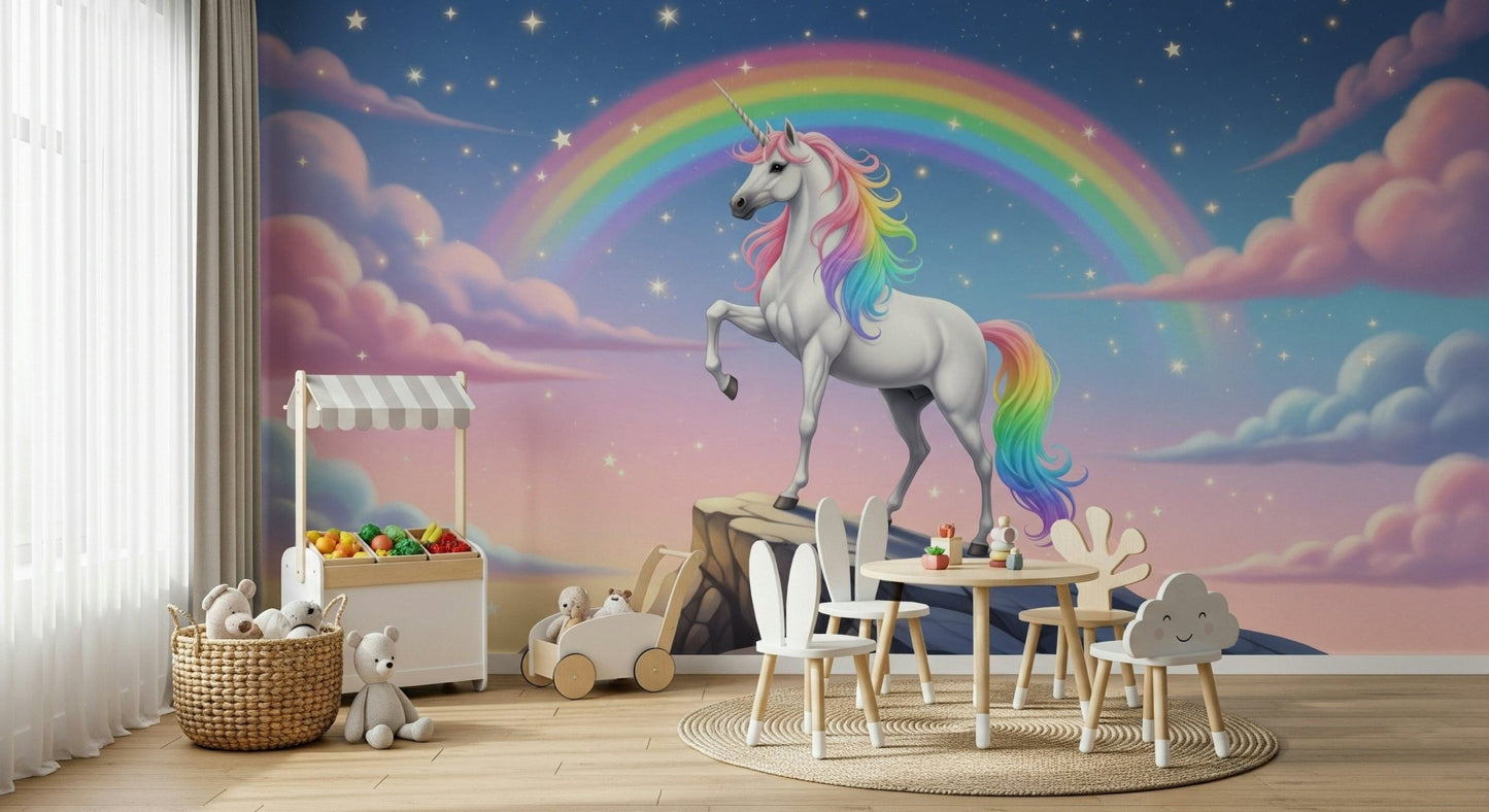 Atmospheric wall mural depicting snow capped peaks and thick cloud cover.