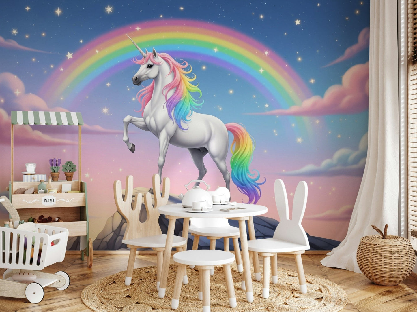 Mythical heights wall mural with a soft focus on distant alpine ridges.