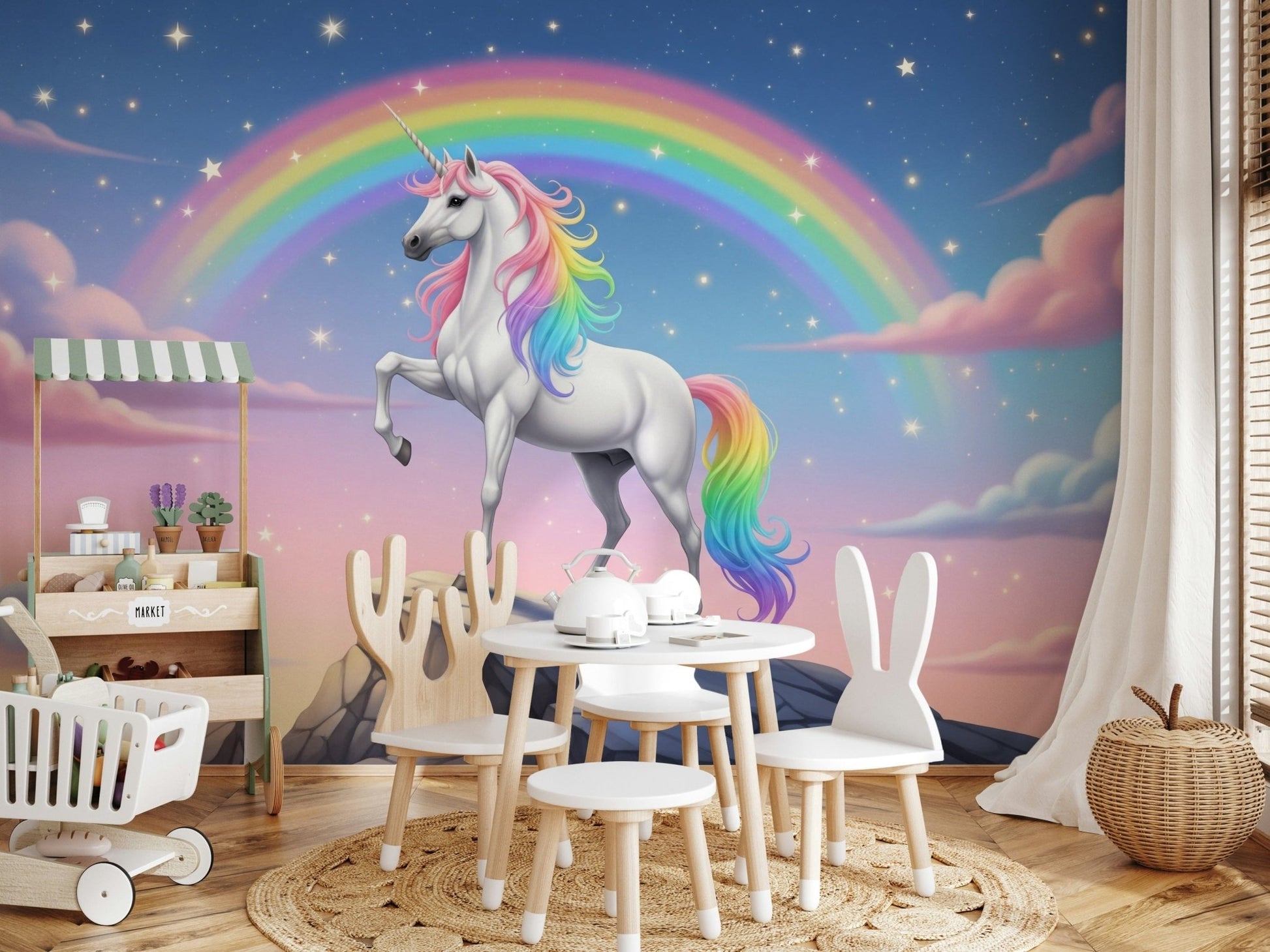 Mythical heights wall mural with a soft focus on distant alpine ridges.