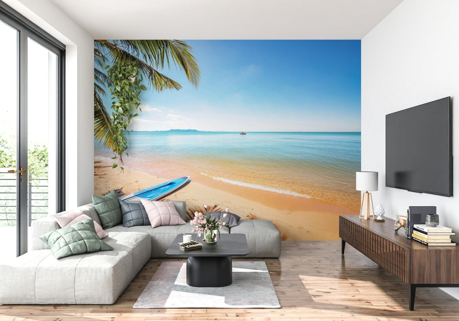 Soft amber lighting on a large scale cityscape wall mural