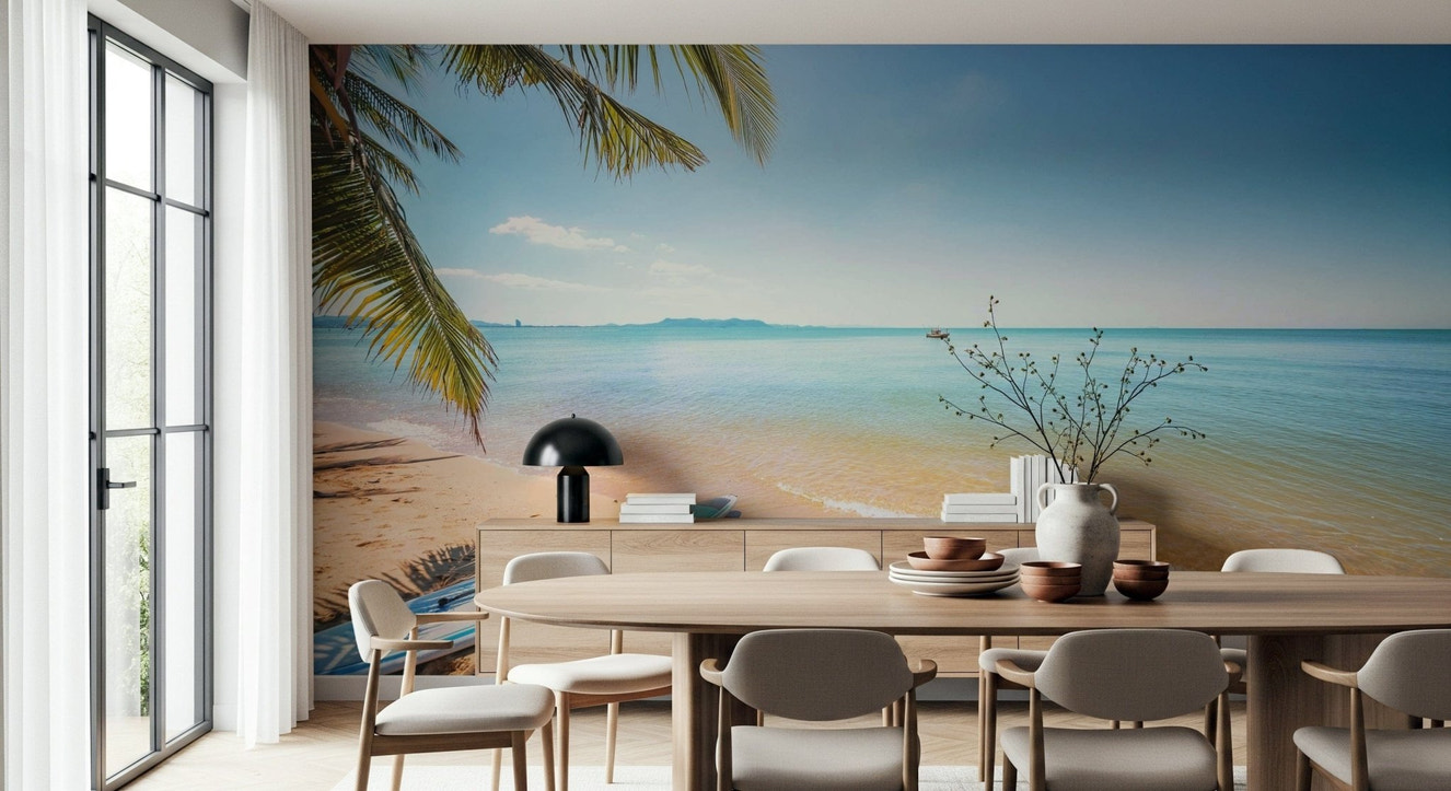 Ghent's Twilight Glow Wall Mural in a minimalist living room setting