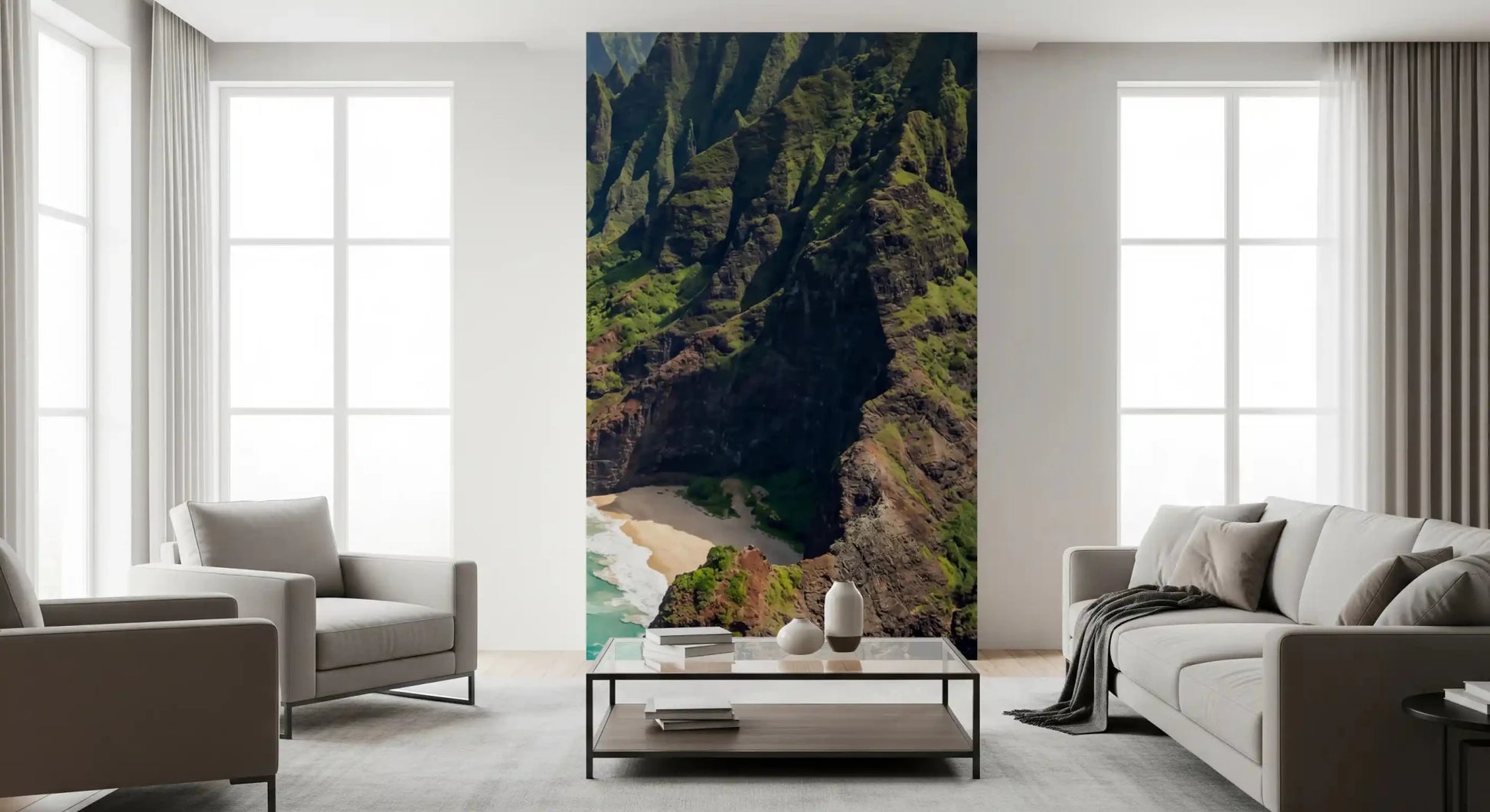 Lounge backdrops grow scenic with this Hawaii coast wall mural in place.GD9593